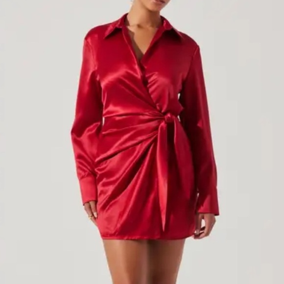 Astr Red Crimson Satin Wrap Dress - Picture 1 of 5